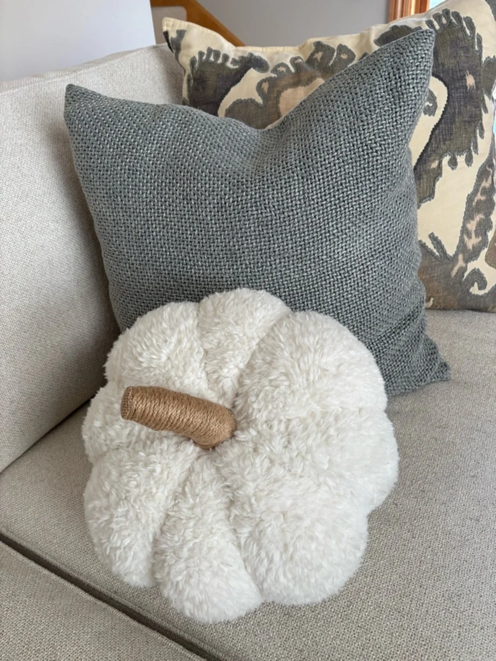 Pottery Barn Plush White Decorative Pumpkin Pillow with Twine Stem